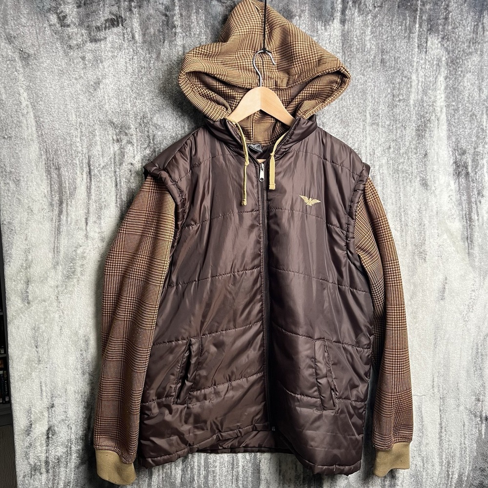 Avirex Mens Jacket XL Brown‎ Quilted Houndstooth Puffer Coat Full Zip Preppy Y2K